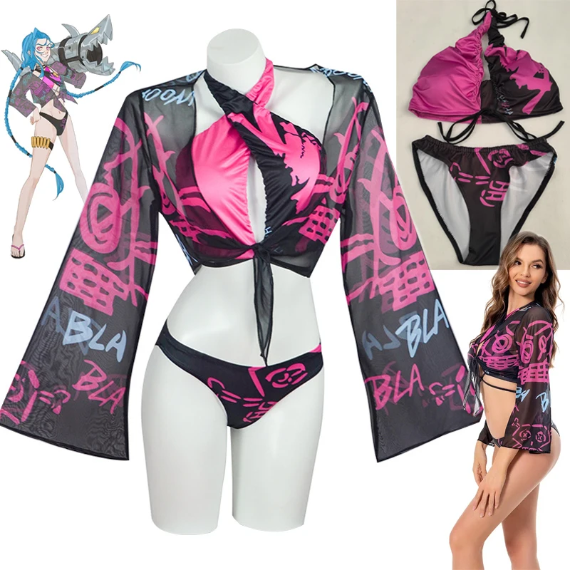 League of Legends: Arcane Jinx | Blue and Pink Bikini Cosplay Costume