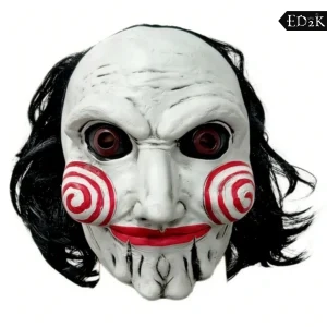 Alternative view of Saw: Billy the Puppet | White and Red Horror Mask Cosplay Props