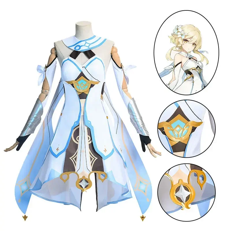 Genshin Impact: Lumine | White and Blue Traveler Suit Cosplay Costume Set