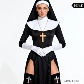 Classic Nun Halloween Costume Set with Headscarf, Necklace & Gloves